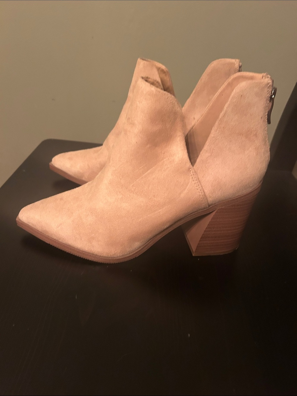 Amazon Nude Suede Pointed Ankle Booties with Stacked Heel